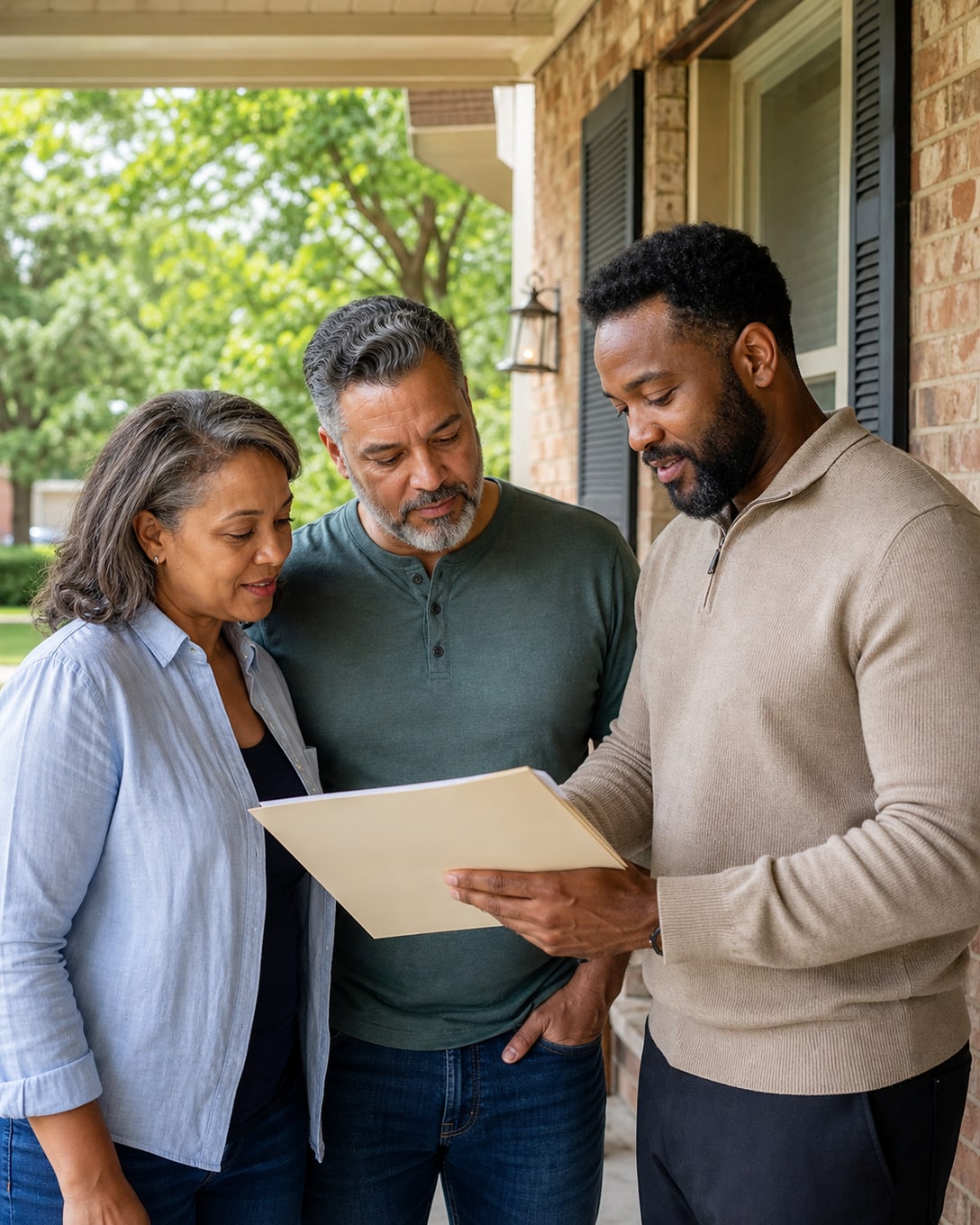 A home buyer talking through paperwork with a couple on their front porch